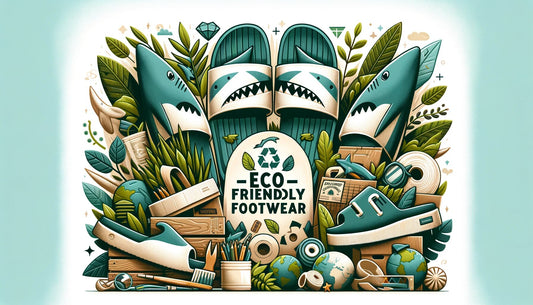 A vibrant and engaging banner image for sharkmo.shop, showcasing a variety of stylish shark slides and slippers amidst a lush backdrop of green plants and recycled materials. The title Eco-Friendly Footwear is prom